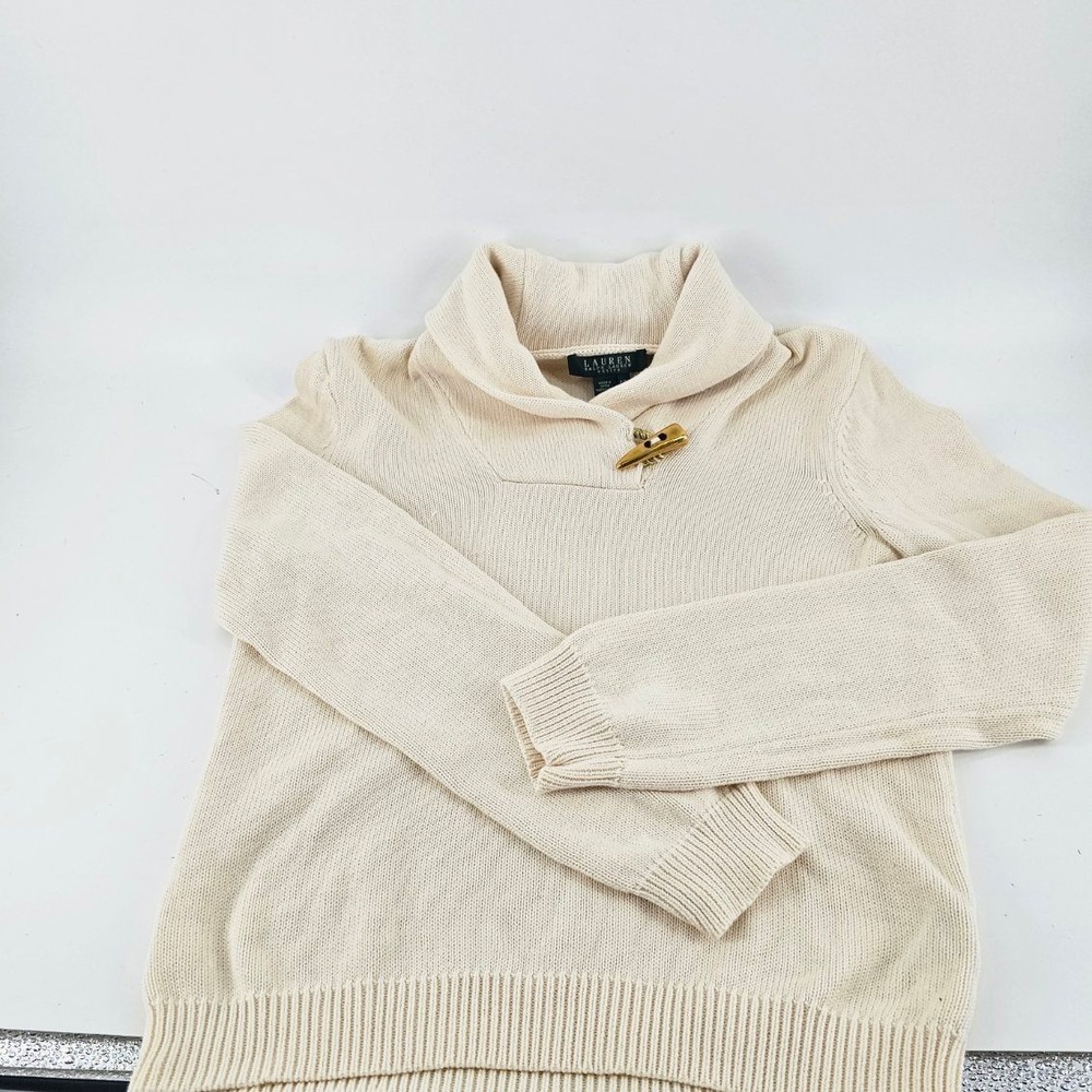 Lauren Ralph Lauren Petite Sweater Women PM Cream Good Shawl Collar Toggle Knit